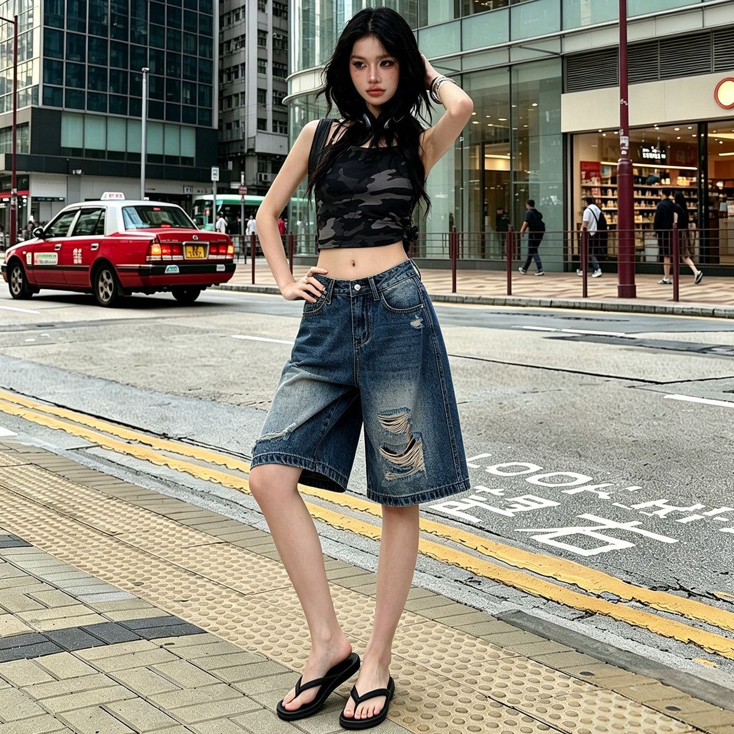 중성 웃음 하 찢어진 부분 스트레이트 데님 오부 바지 여성 봄 여름 새로운 루즈핏 패션 트렌드 데님 오부 바지 상세 이미지 10