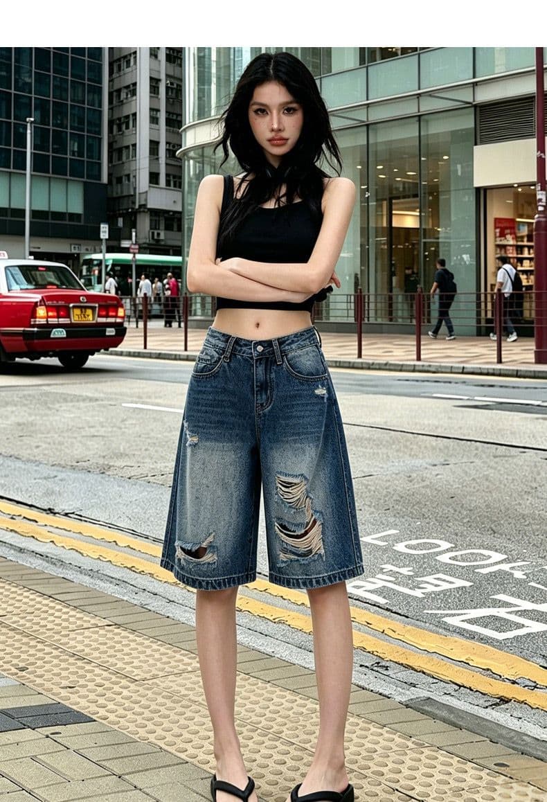 중성 웃음 하 찢어진 부분 스트레이트 데님 오부 바지 여성 봄 여름 새로운 루즈핏 패션 트렌드 데님 오부 바지 상세 이미지 11
