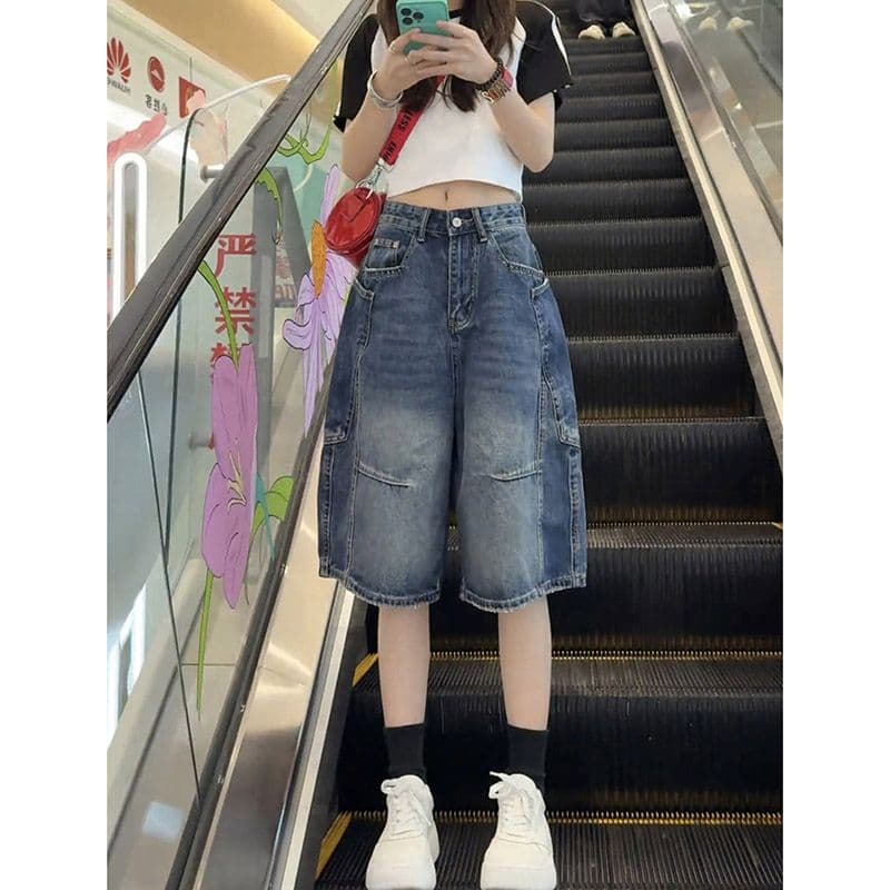 느긋한 바람 웃음 하 찢어진 부분 데님 오부 바지 여성 봄 여름 새로운 루즈핏 캐주얼 다용도 데님 오부 바지 트렌디