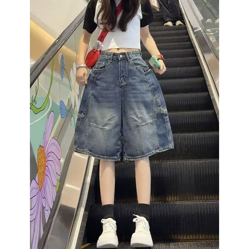 느긋한 바람 웃음 하 찢어진 부분 데님 오부 바지 여성 봄 여름 새로운 루즈핏 캐주얼 다용도 데님 오부 바지 트렌디 이미지 5