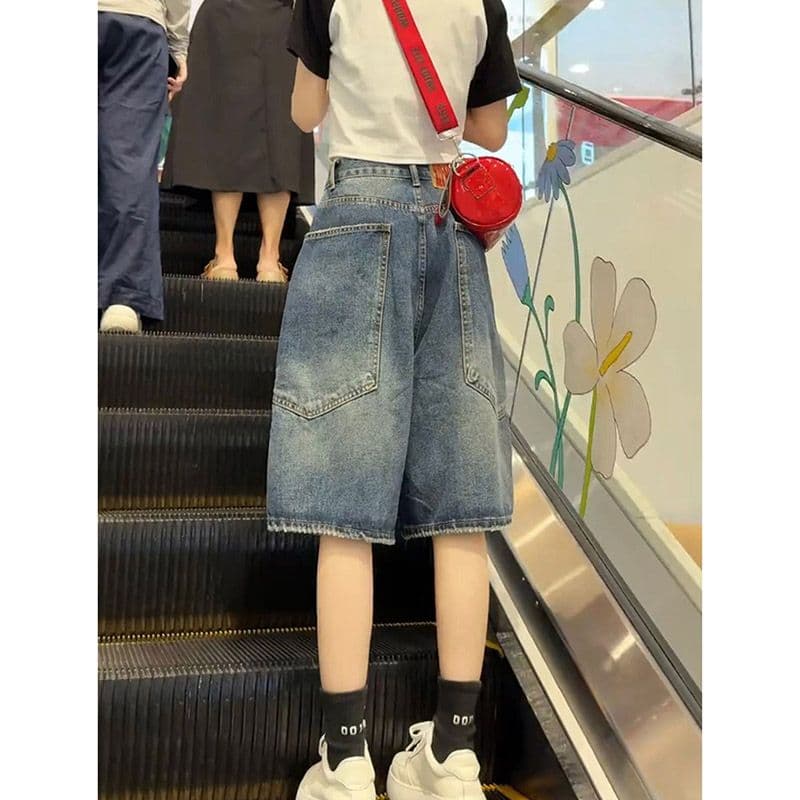 느긋한 바람 웃음 하 찢어진 부분 데님 오부 바지 여성 봄 여름 새로운 루즈핏 캐주얼 다용도 데님 오부 바지 트렌디 이미지 2