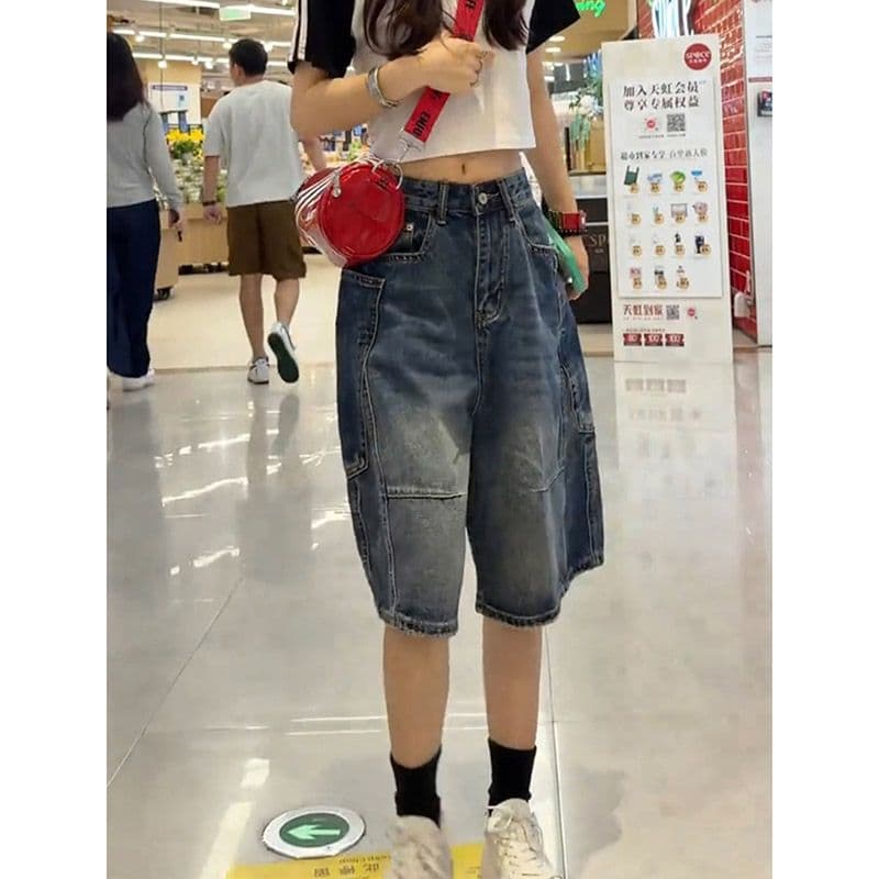 느긋한 바람 웃음 하 찢어진 부분 데님 오부 바지 여성 봄 여름 새로운 루즈핏 캐주얼 다용도 데님 오부 바지 트렌디 이미지 3