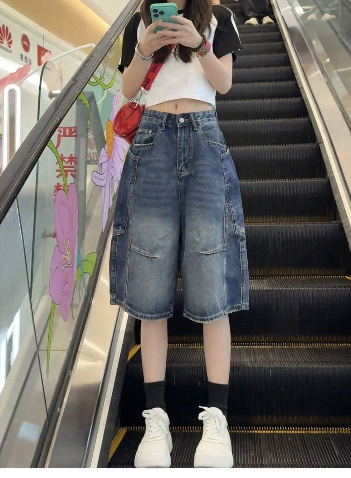 느긋한 바람 웃음 하 찢어진 부분 데님 오부 바지 여성 봄 여름 새로운 루즈핏 캐주얼 다용도 데님 오부 바지 트렌디 상세 이미지 5