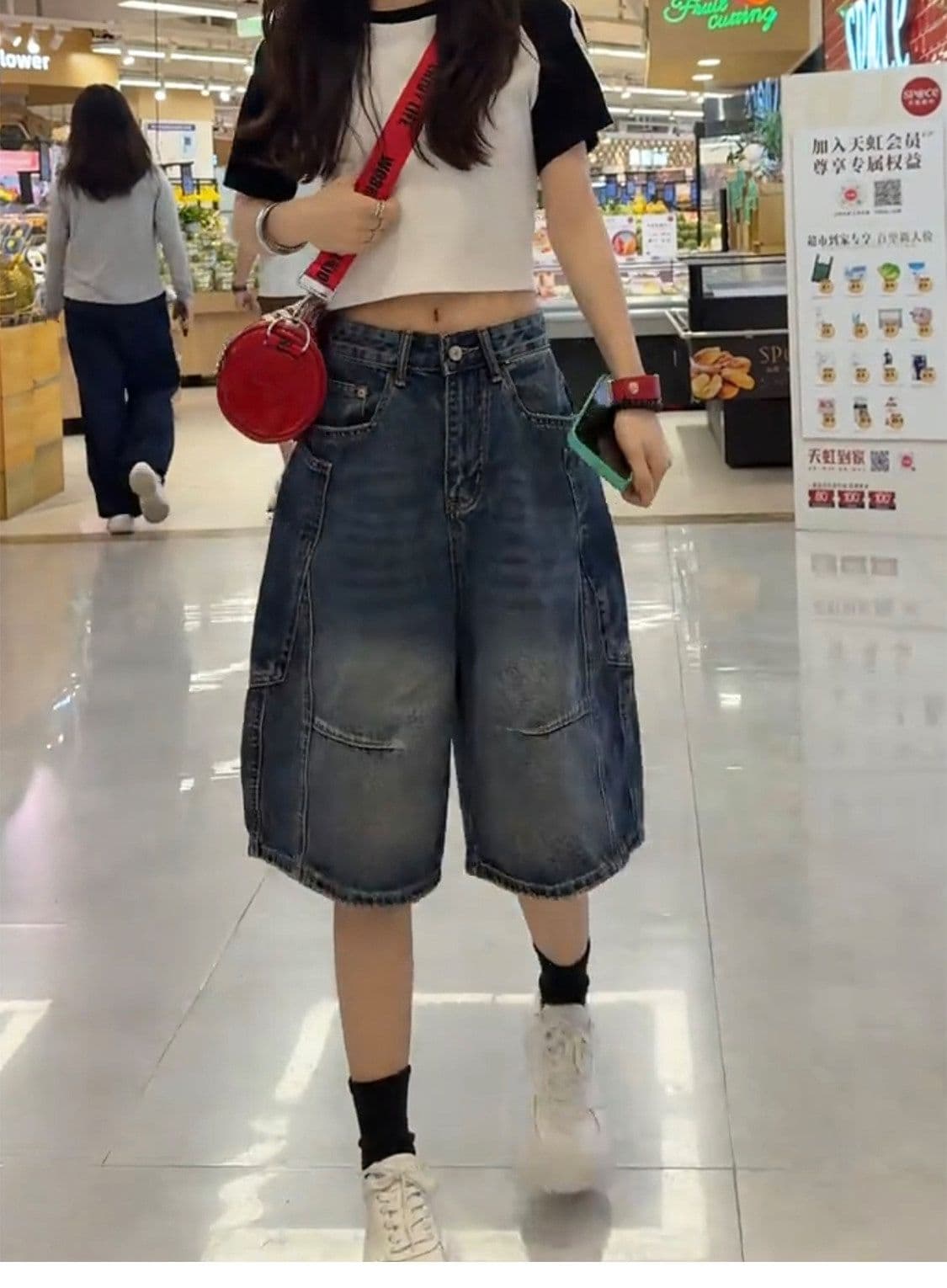 느긋한 바람 웃음 하 찢어진 부분 데님 오부 바지 여성 봄 여름 새로운 루즈핏 캐주얼 다용도 데님 오부 바지 트렌디 상세 이미지 13