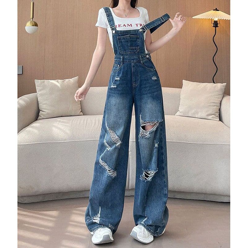 느긋한 바람 데님 멜빵 바지 여성 루즈핏 봄 여름 새로운 패션 높음 거리 개성 찢어진 부분 스트레이트 청바지 트렌디 이미지 4