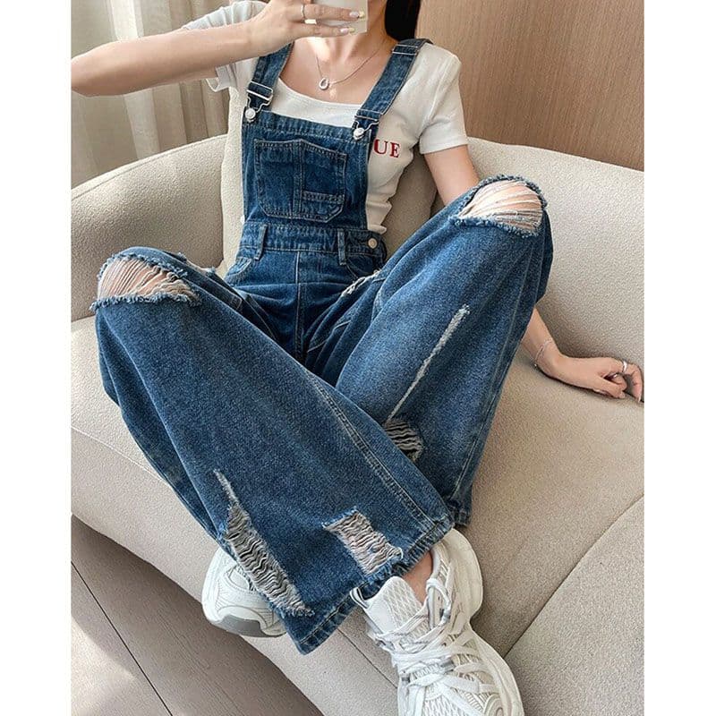 느긋한 바람 데님 멜빵 바지 여성 루즈핏 봄 여름 새로운 패션 높음 거리 개성 찢어진 부분 스트레이트 청바지 트렌디 이미지 5