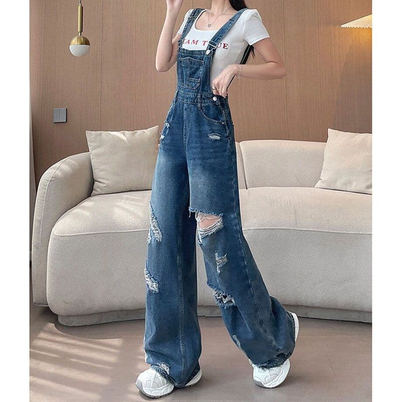 느긋한 바람 데님 멜빵 바지 여성 루즈핏 봄 여름 새로운 패션 높음 거리 개성 찢어진 부분 스트레이트 청바지 트렌디 이미지 2
