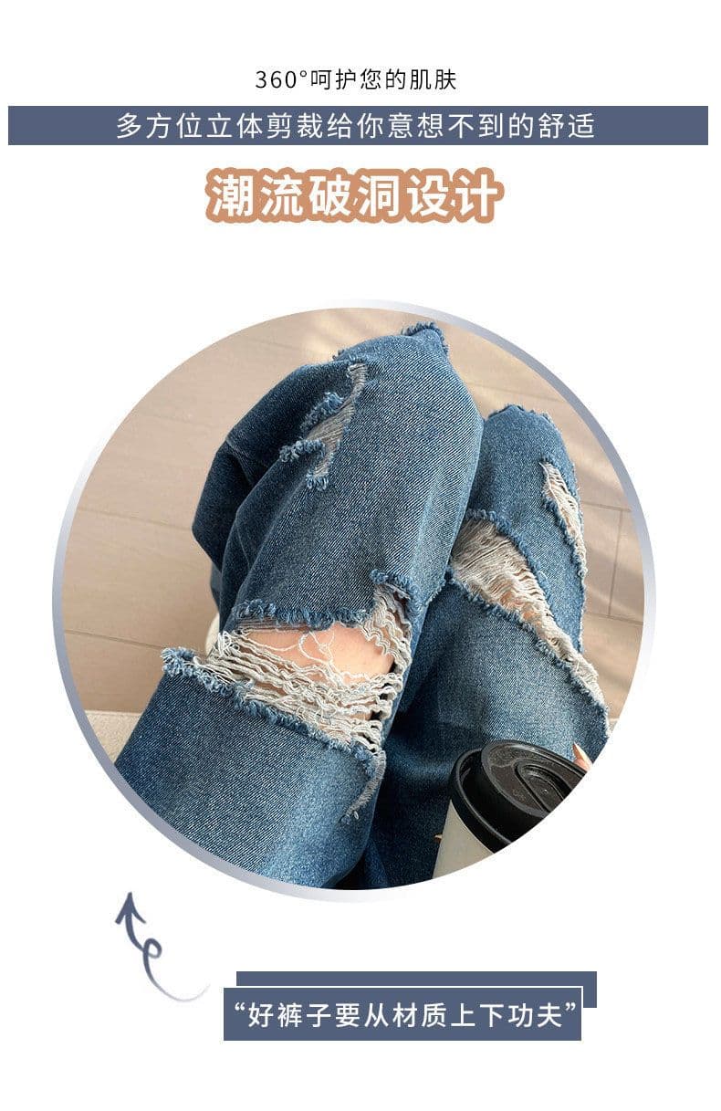 느긋한 바람 데님 멜빵 바지 여성 루즈핏 봄 여름 새로운 패션 높음 거리 개성 찢어진 부분 스트레이트 청바지 트렌디 상세 이미지 2
