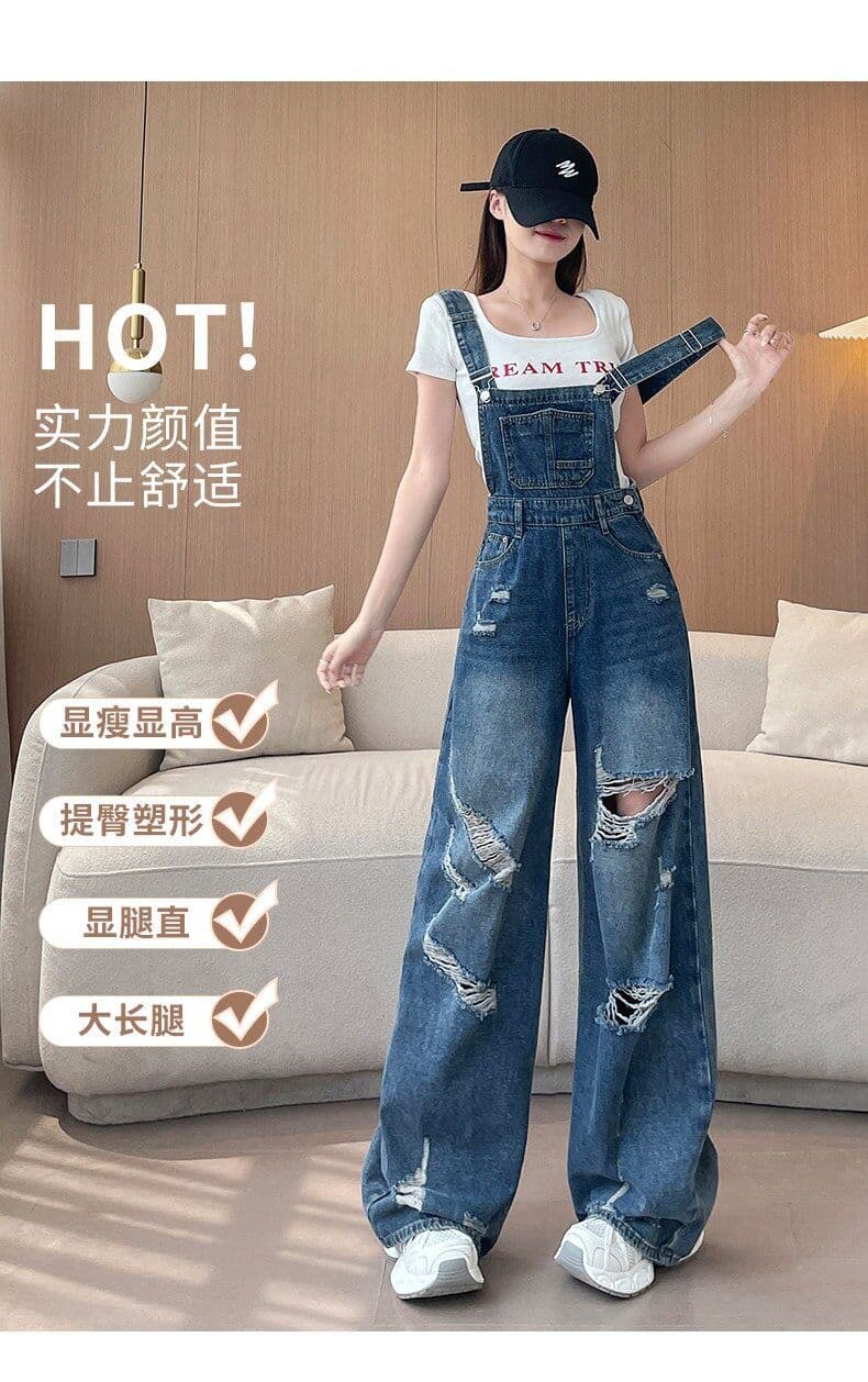느긋한 바람 데님 멜빵 바지 여성 루즈핏 봄 여름 새로운 패션 높음 거리 개성 찢어진 부분 스트레이트 청바지 트렌디 상세 이미지 3