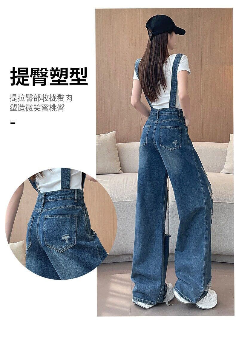 느긋한 바람 데님 멜빵 바지 여성 루즈핏 봄 여름 새로운 패션 높음 거리 개성 찢어진 부분 스트레이트 청바지 트렌디 상세 이미지 8