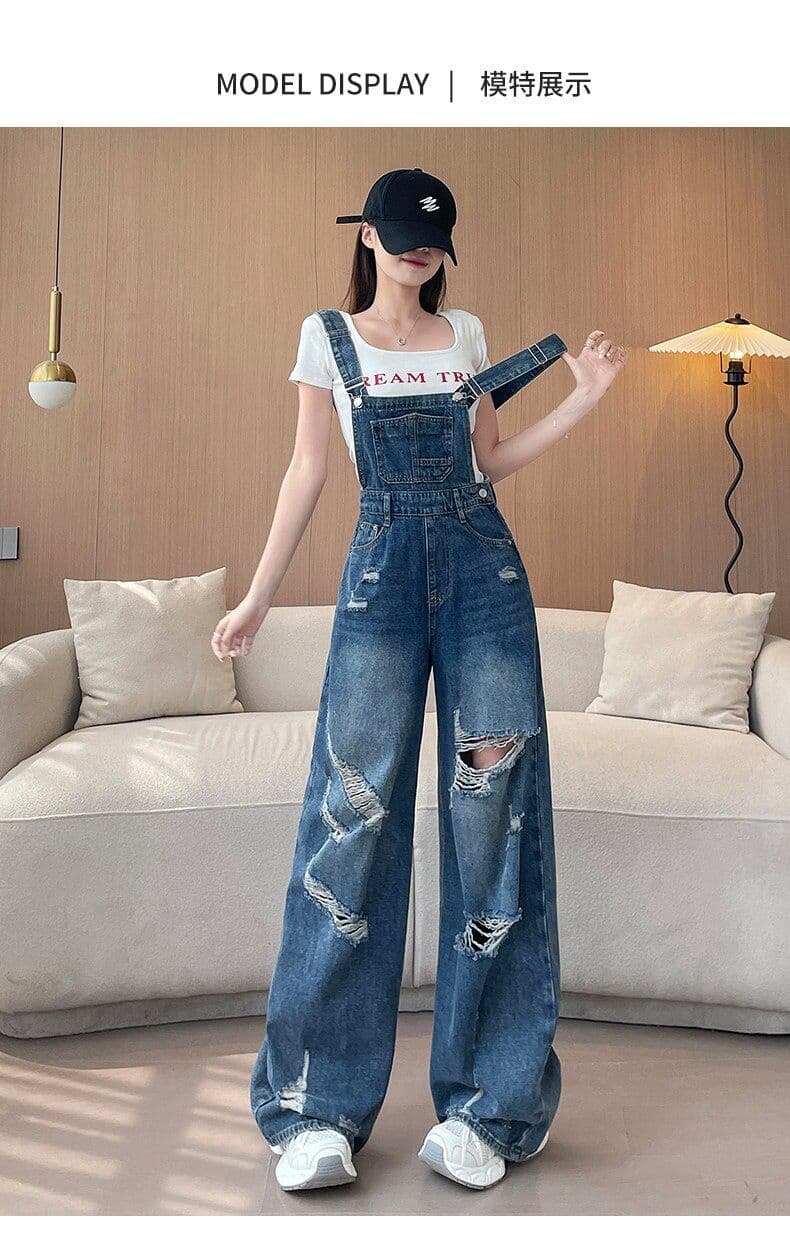 느긋한 바람 데님 멜빵 바지 여성 루즈핏 봄 여름 새로운 패션 높음 거리 개성 찢어진 부분 스트레이트 청바지 트렌디 상세 이미지 12