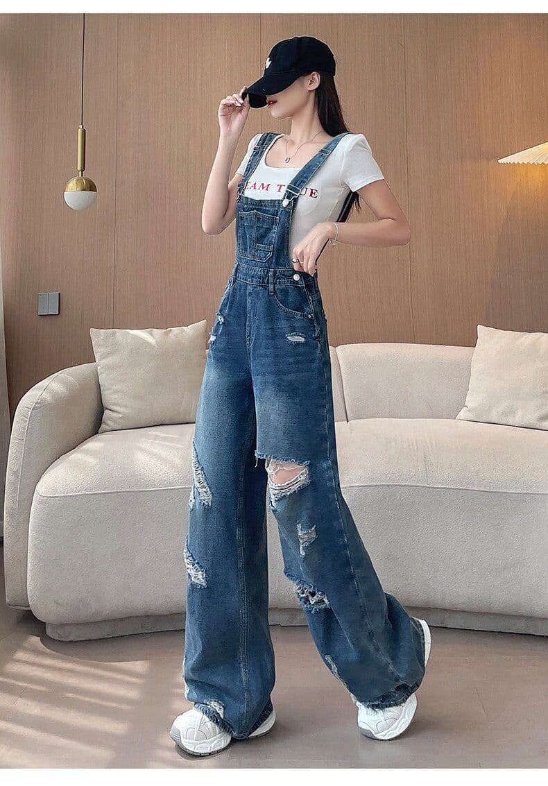느긋한 바람 데님 멜빵 바지 여성 루즈핏 봄 여름 새로운 패션 높음 거리 개성 찢어진 부분 스트레이트 청바지 트렌디 상세 이미지 13