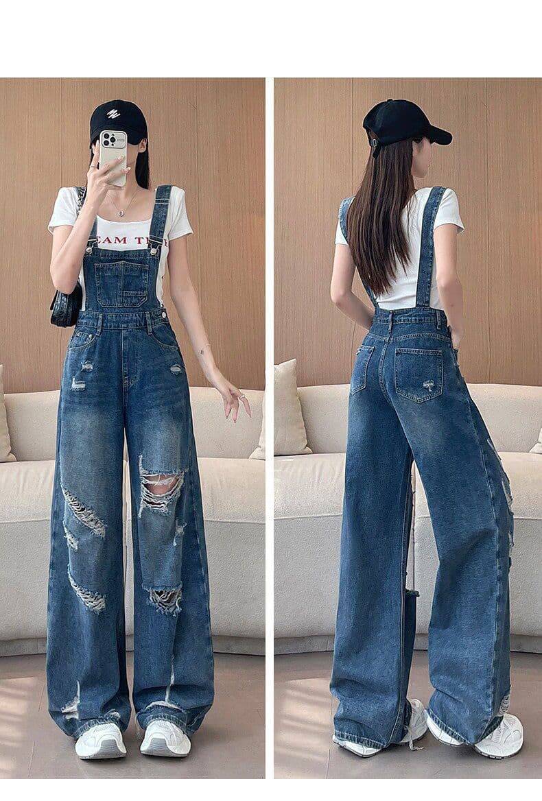 느긋한 바람 데님 멜빵 바지 여성 루즈핏 봄 여름 새로운 패션 높음 거리 개성 찢어진 부분 스트레이트 청바지 트렌디 상세 이미지 14