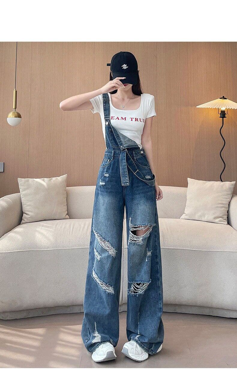느긋한 바람 데님 멜빵 바지 여성 루즈핏 봄 여름 새로운 패션 높음 거리 개성 찢어진 부분 스트레이트 청바지 트렌디 상세 이미지 16