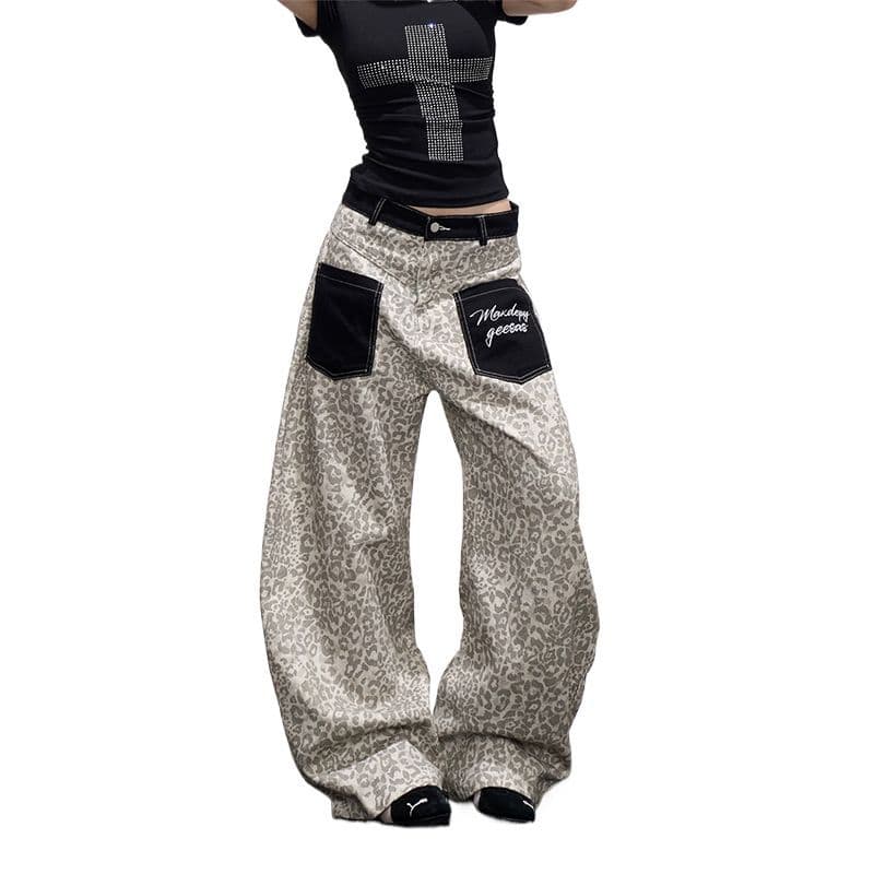 레트로 레오파드 무늬 패치 주머니 스트레이트 청바지 아이들 봄 가을 새로운 루즈핏 넓은 다리 바닥 청소 청바지 트렌디 상세 이미지 5