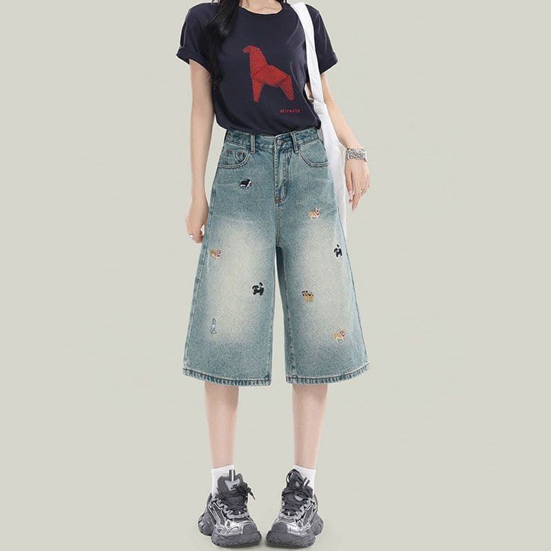 강아지 자수 높음 거리 다용도 7 점 청바지 여성 봄 여름 새로운 패션 루즈핏 데님 7부 바지 트렌디