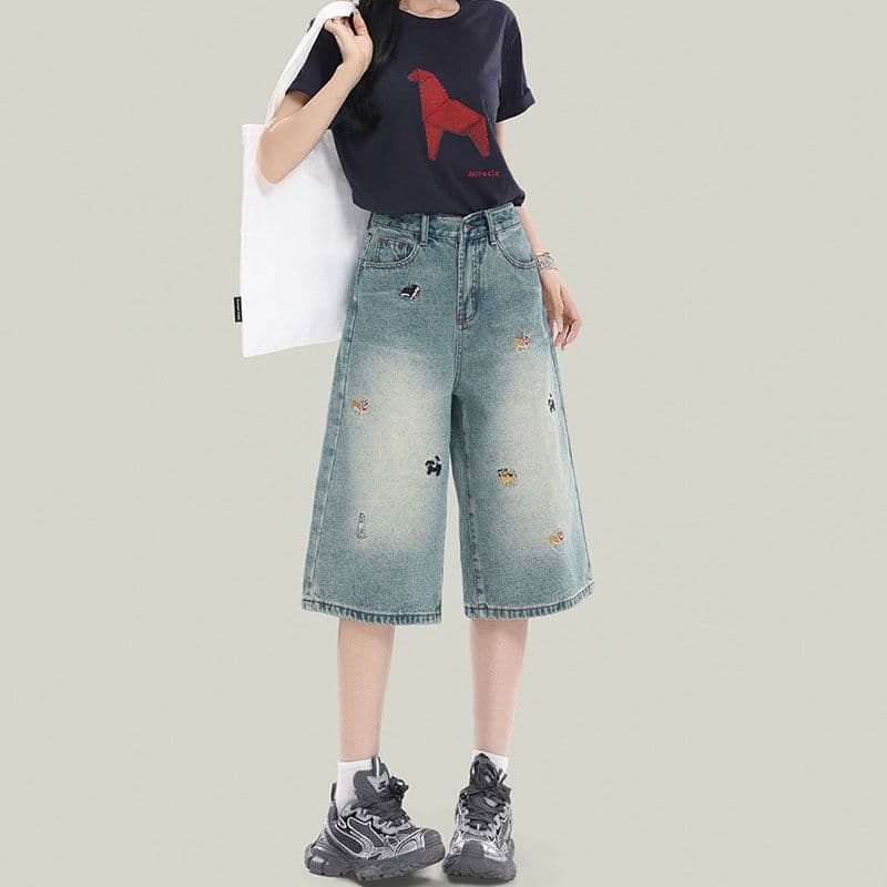 강아지 자수 높음 거리 다용도 7 점 청바지 여성 봄 여름 새로운 패션 루즈핏 데님 7부 바지 트렌디 이미지 2