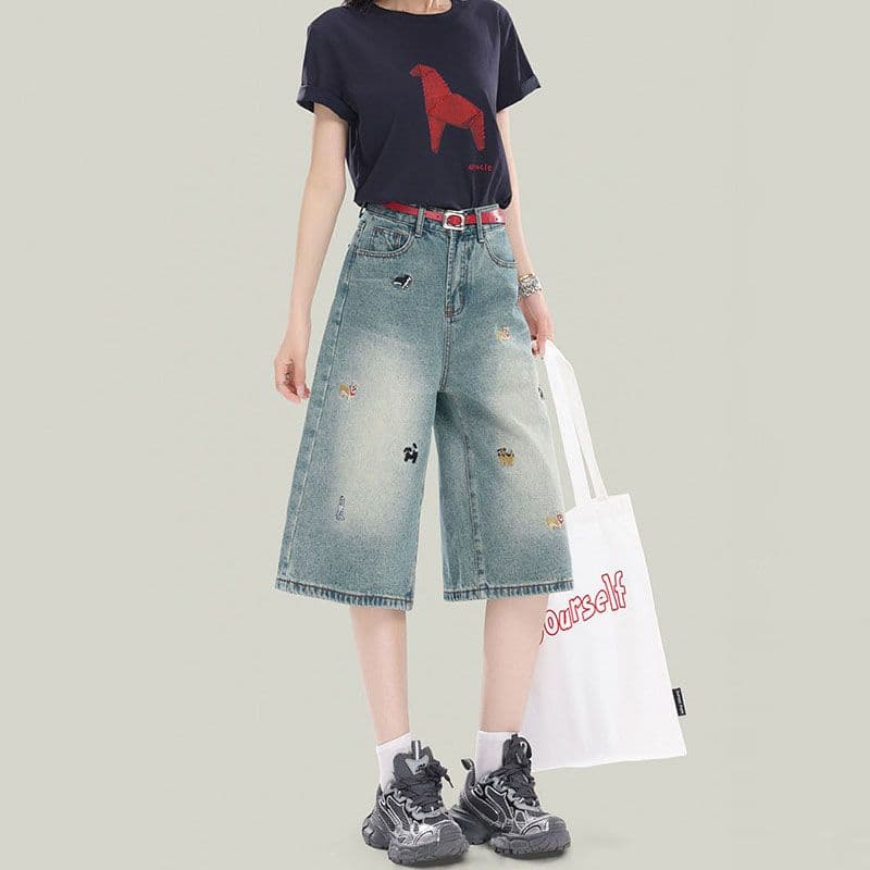 강아지 자수 높음 거리 다용도 7 점 청바지 여성 봄 여름 새로운 패션 루즈핏 데님 7부 바지 트렌디 이미지 3