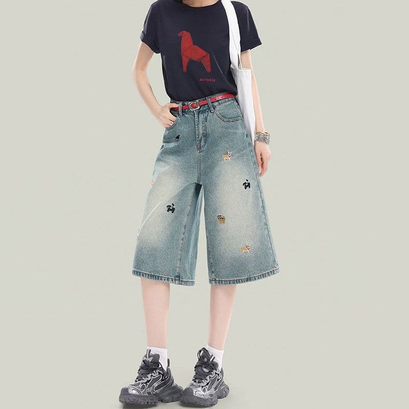 강아지 자수 높음 거리 다용도 7 점 청바지 여성 봄 여름 새로운 패션 루즈핏 데님 7부 바지 트렌디 이미지 4