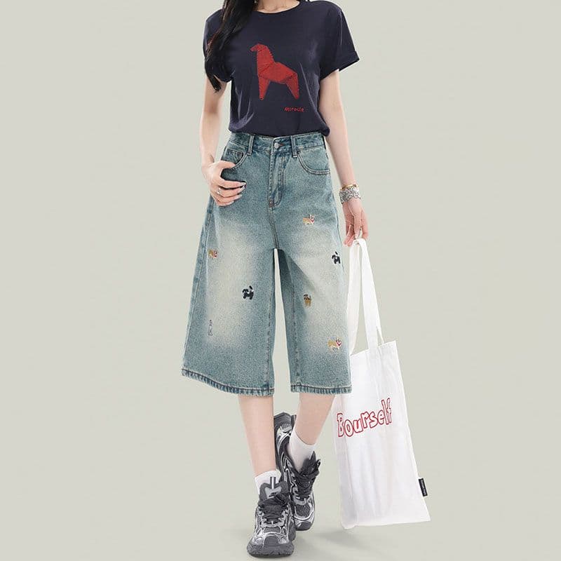 강아지 자수 높음 거리 다용도 7 점 청바지 여성 봄 여름 새로운 패션 루즈핏 데님 7부 바지 트렌디 이미지 5