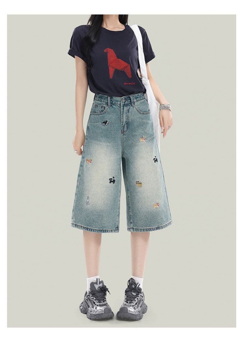 강아지 자수 높음 거리 다용도 7 점 청바지 여성 봄 여름 새로운 패션 루즈핏 데님 7부 바지 트렌디 상세 이미지 2