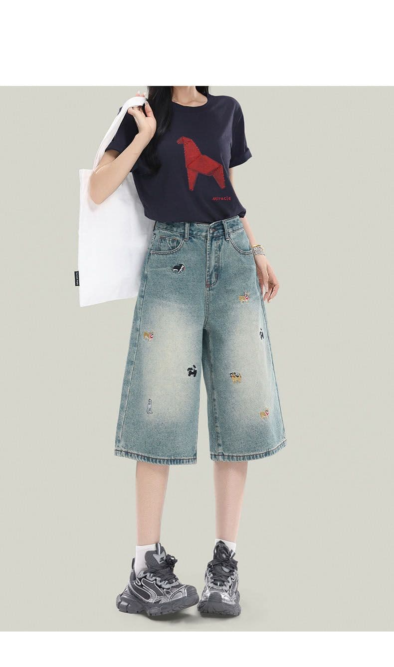 강아지 자수 높음 거리 다용도 7 점 청바지 여성 봄 여름 새로운 패션 루즈핏 데님 7부 바지 트렌디 상세 이미지 3