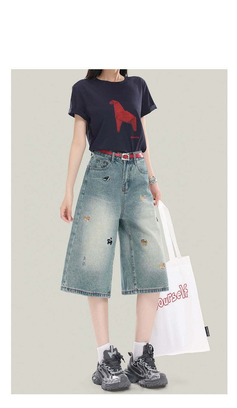 강아지 자수 높음 거리 다용도 7 점 청바지 여성 봄 여름 새로운 패션 루즈핏 데님 7부 바지 트렌디 상세 이미지 5