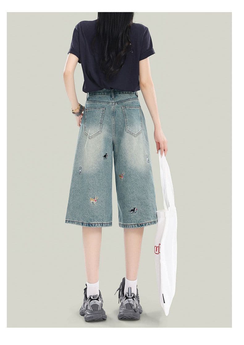 강아지 자수 높음 거리 다용도 7 점 청바지 여성 봄 여름 새로운 패션 루즈핏 데님 7부 바지 트렌디 상세 이미지 7