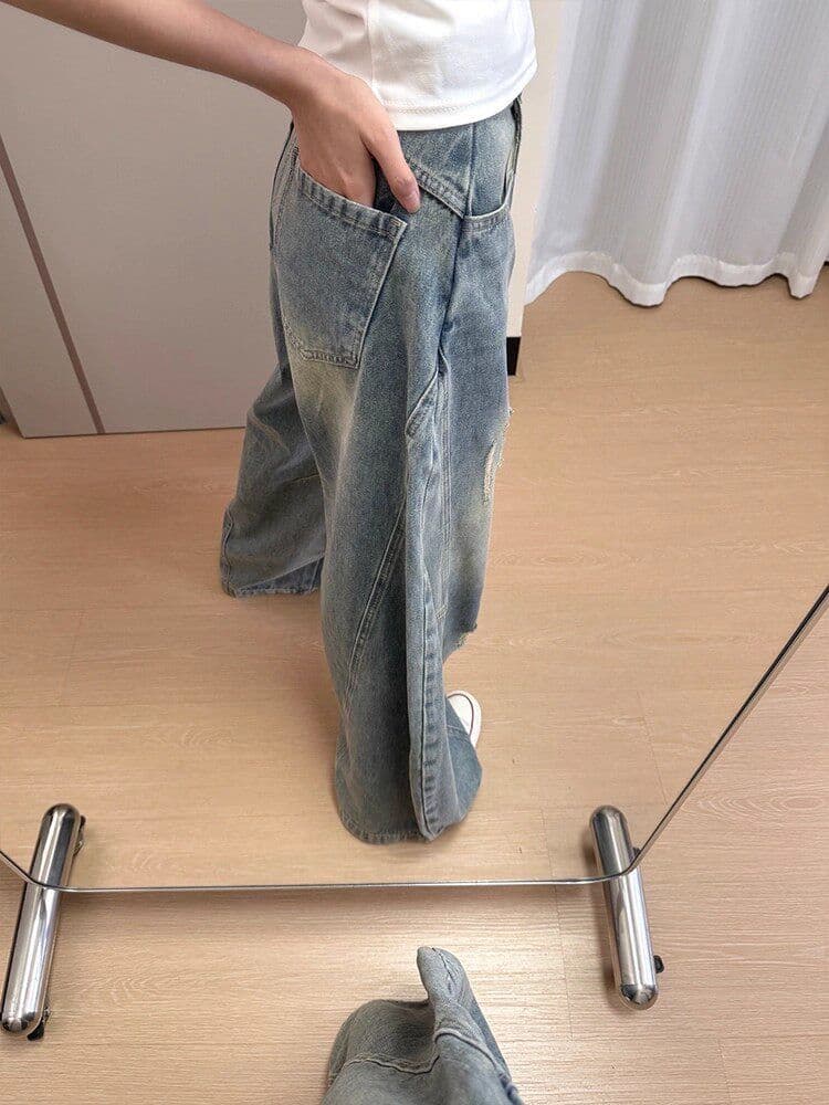 한국 스타일 하라주쿠 스타일 ins 넓은 다리 청바지 여성 봄과 가을 하이웨이스트 슬림해 보이는 패션 루즈핏 바닥 청소 청바지 트렌디 상세 이미지 7