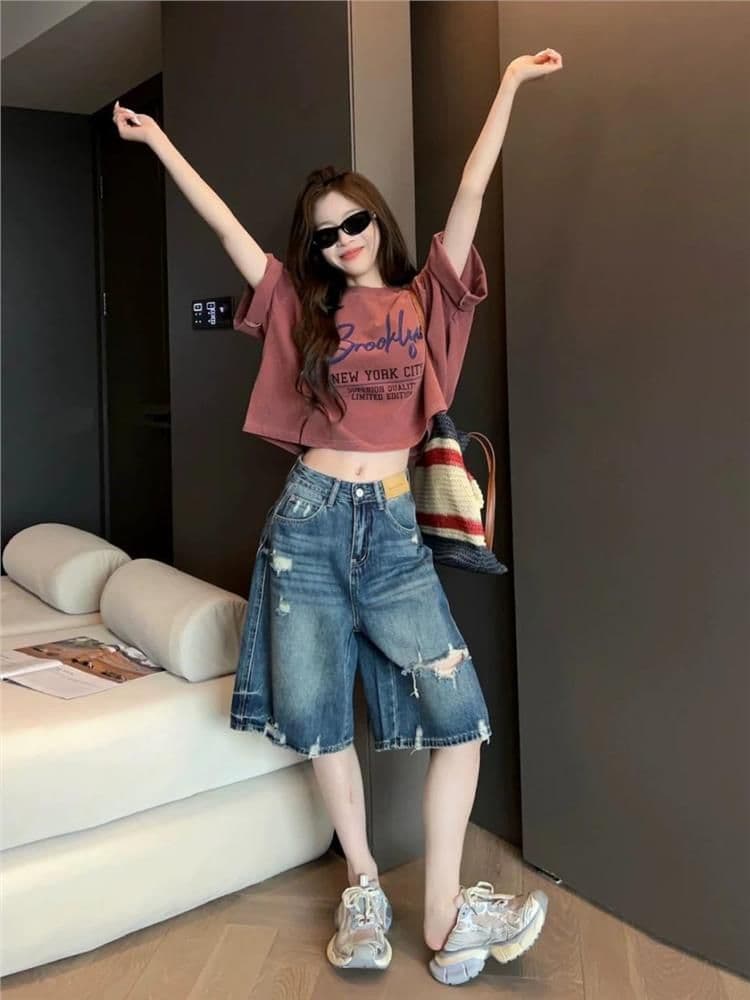 디자인 센스 이후 주머니 플립 커버 디자인 넓은 다리 5 점 데님 반바지 여성 봄 여름 새로운 찢어진 데님 오부 바지 상세 이미지 3