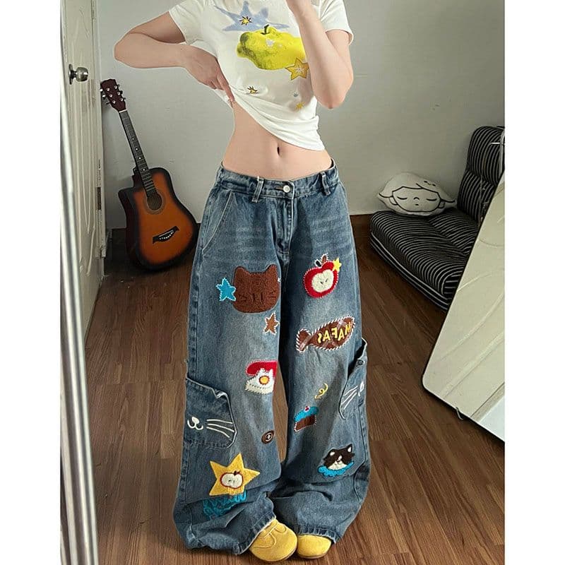 작은 대중 웃음 하 거리 개성 넓은 다리 청바지 여성 봄 가을 새로운 하이웨이스트 패션 캐주얼 스트레이트 청바지 이미지 2