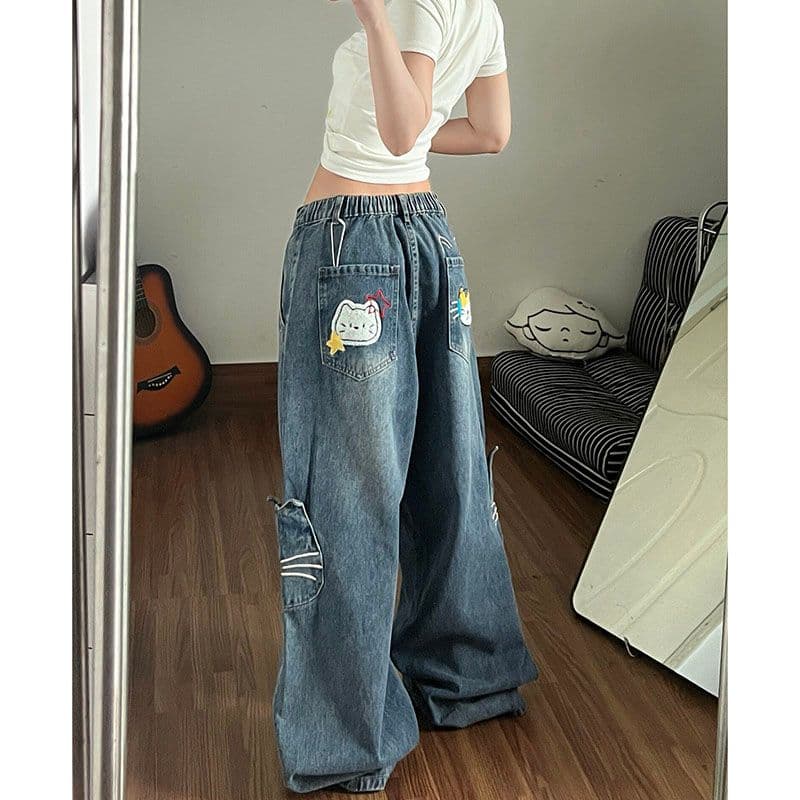 작은 대중 웃음 하 거리 개성 넓은 다리 청바지 여성 봄 가을 새로운 하이웨이스트 패션 캐주얼 스트레이트 청바지 이미지 4
