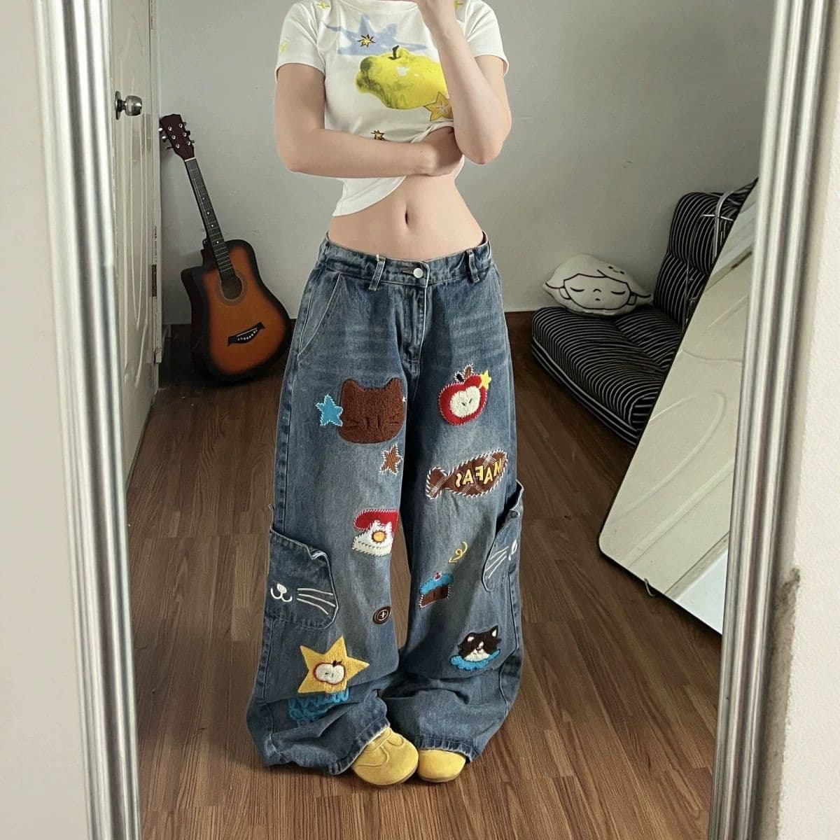 작은 대중 웃음 하 거리 개성 넓은 다리 청바지 여성 봄 가을 새로운 하이웨이스트 패션 캐주얼 스트레이트 청바지 상세 이미지 2