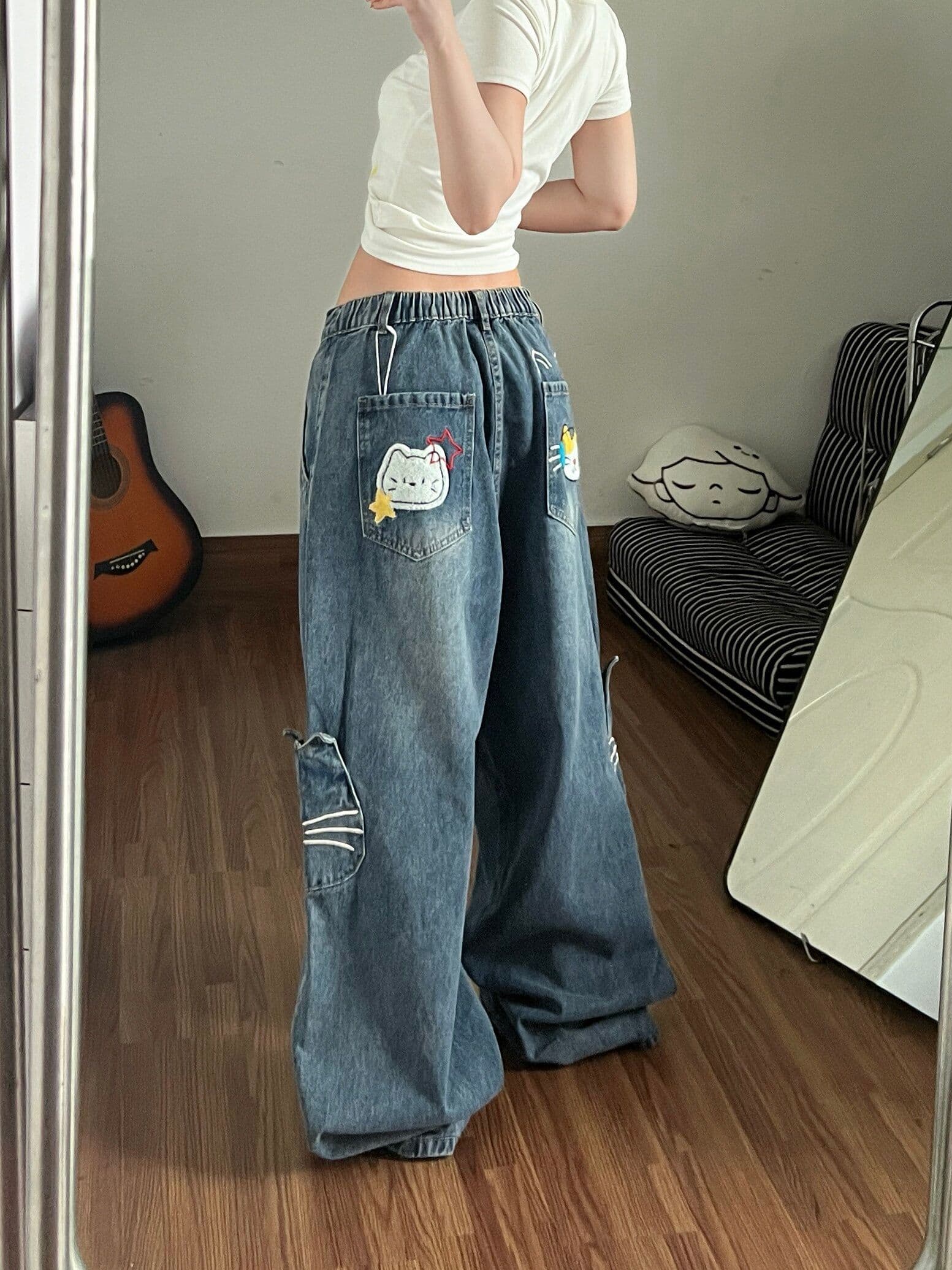 작은 대중 웃음 하 거리 개성 넓은 다리 청바지 여성 봄 가을 새로운 하이웨이스트 패션 캐주얼 스트레이트 청바지 상세 이미지 6