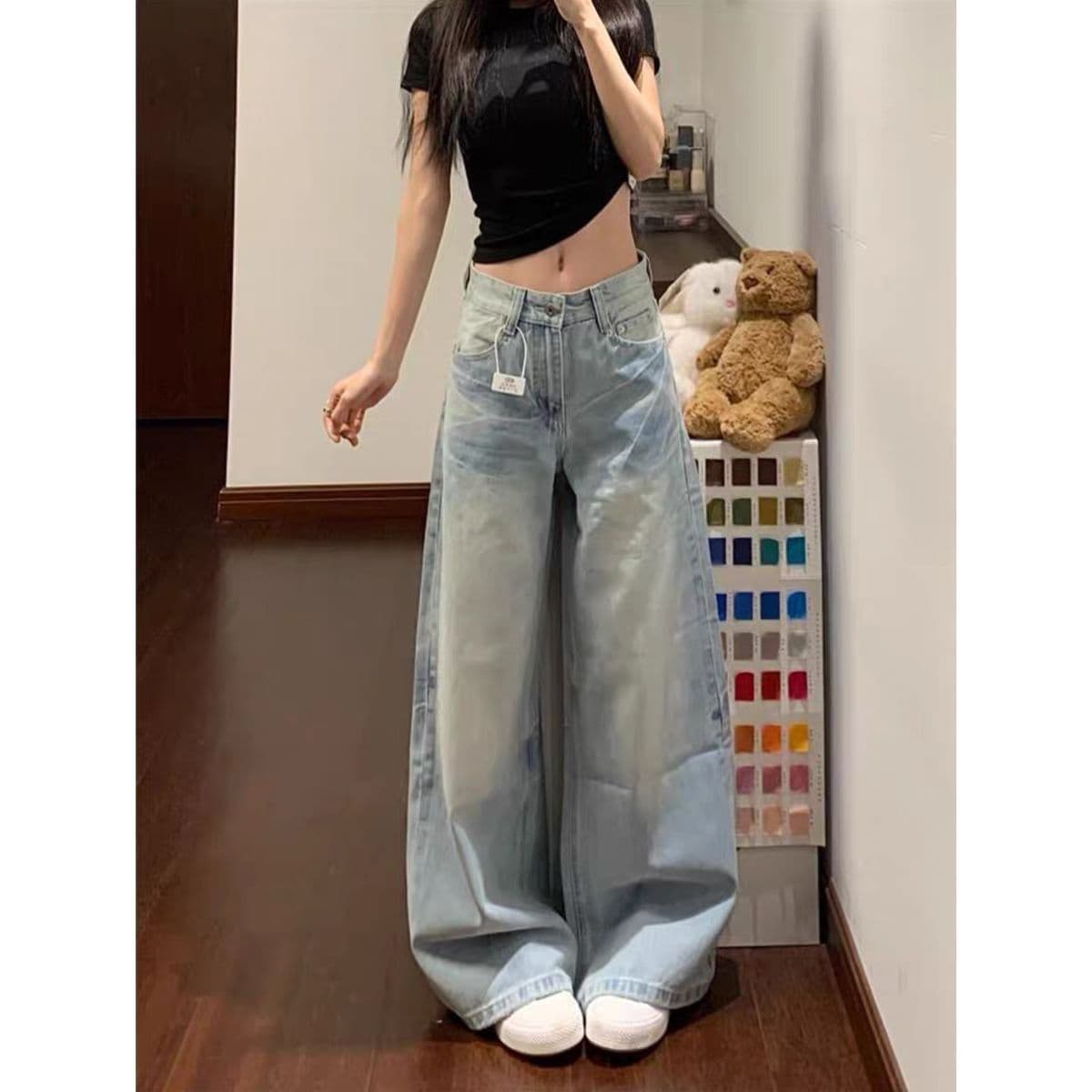 아메리칸 레트로 주머니 청바지 여성 2026 새로운 하이웨이스트 루즈핏 슬림해 보이는 넓은 다리 바닥 청소 바지
