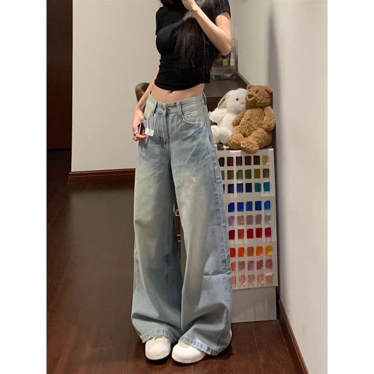 아메리칸 레트로 주머니 청바지 여성 2026 새로운 하이웨이스트 루즈핏 슬림해 보이는 넓은 다리 바닥 청소 바지 상세 이미지 2
