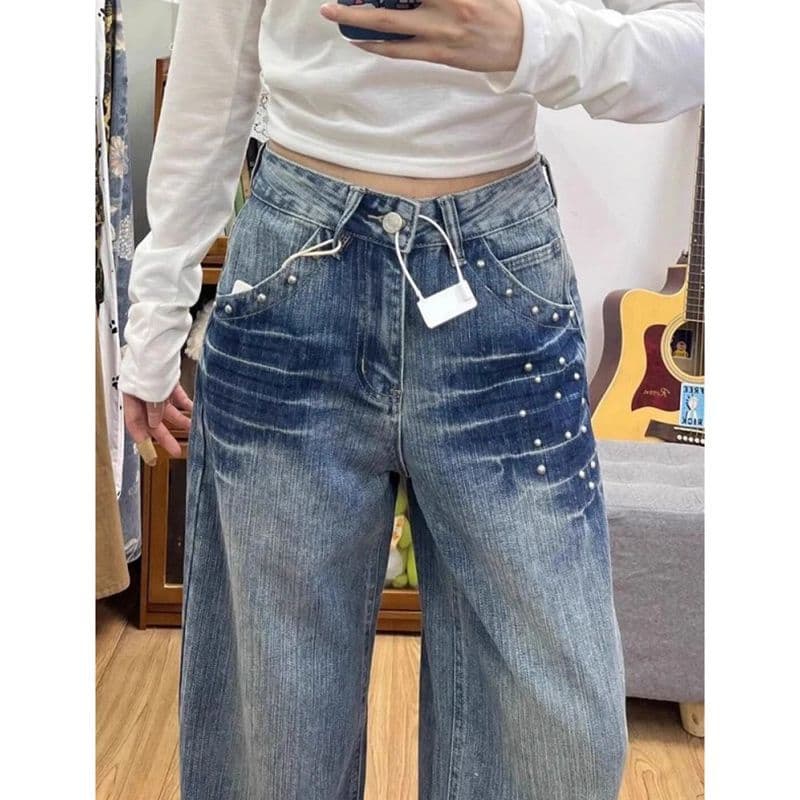 징 넓은 다리 청바지 여성 2026 새로운 레트로 하이웨이스트 루즈핏 작은 대중 디자인 센스 느슨함 스트레이트 팬츠 이미지 4