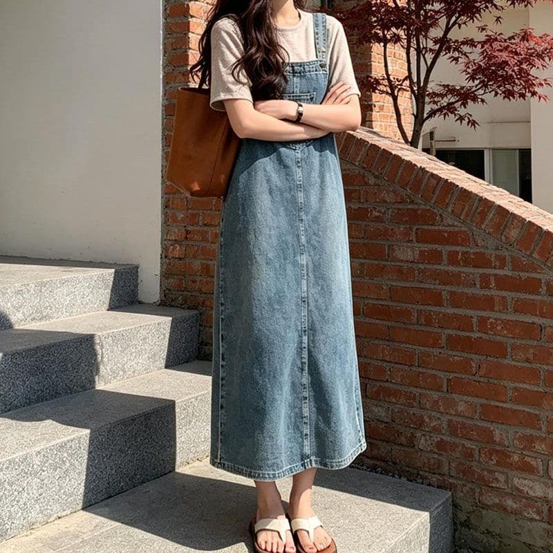 한 부서 캐주얼 바람 봄 여름 새로운 루즈핏 한 마디 데님 멜빵 롱 스커트 트렌드 다용도 ins 슬림해 보이는 출퇴근 트렌디 이미지 4