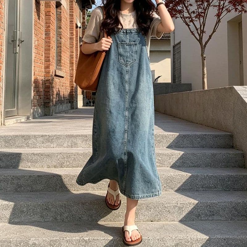 한 부서 캐주얼 바람 봄 여름 새로운 루즈핏 한 마디 데님 멜빵 롱 스커트 트렌드 다용도 ins 슬림해 보이는 출퇴근 트렌디