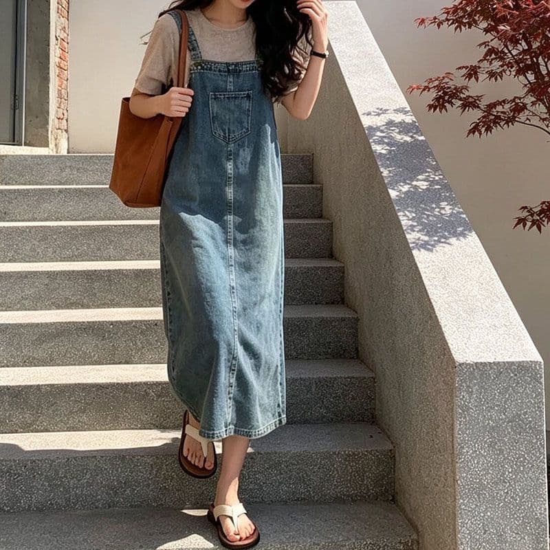 한 부서 캐주얼 바람 봄 여름 새로운 루즈핏 한 마디 데님 멜빵 롱 스커트 트렌드 다용도 ins 슬림해 보이는 출퇴근 트렌디 이미지 2