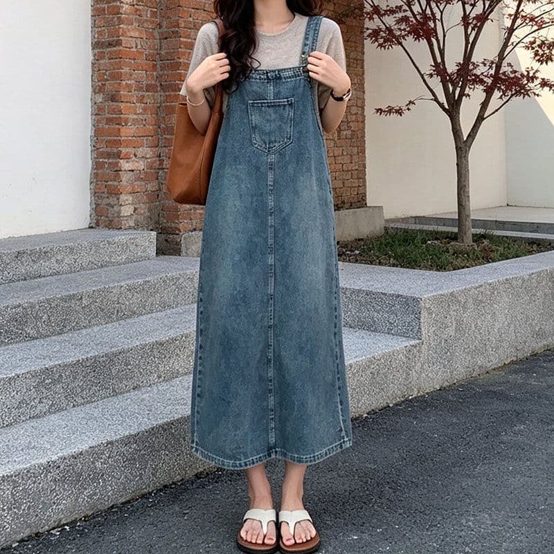 한 부서 캐주얼 바람 봄 여름 새로운 루즈핏 한 마디 데님 멜빵 롱 스커트 트렌드 다용도 ins 슬림해 보이는 출퇴근 트렌디 이미지 5