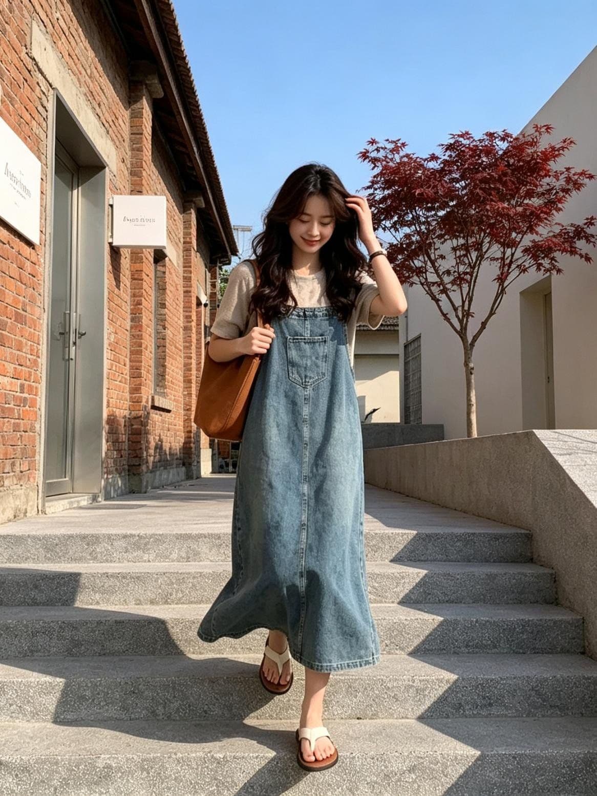 한 부서 캐주얼 바람 봄 여름 새로운 루즈핏 한 마디 데님 멜빵 롱 스커트 트렌드 다용도 ins 슬림해 보이는 출퇴근 트렌디 상세 이미지 3