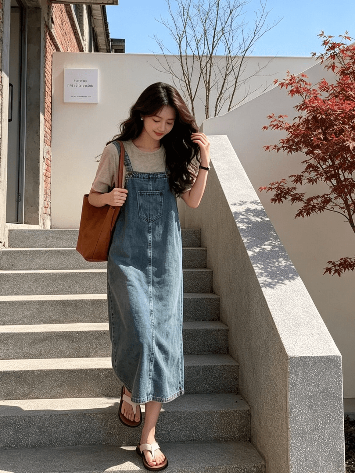 한 부서 캐주얼 바람 봄 여름 새로운 루즈핏 한 마디 데님 멜빵 롱 스커트 트렌드 다용도 ins 슬림해 보이는 출퇴근 트렌디 상세 이미지 4