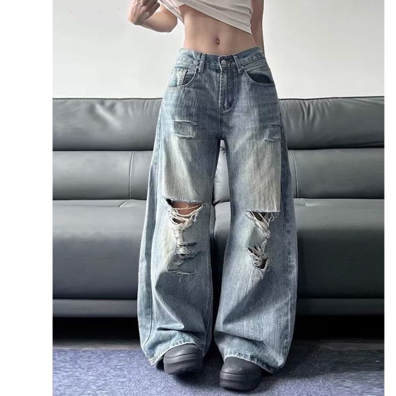 아메리칸 높음 거리 찢어진 부분 디자인 센스 워싱 청바지 여성 여름 루즈핏 핫걸 하이웨이스트 넓은 다리 스트레이트 롱 바지 이미지 5