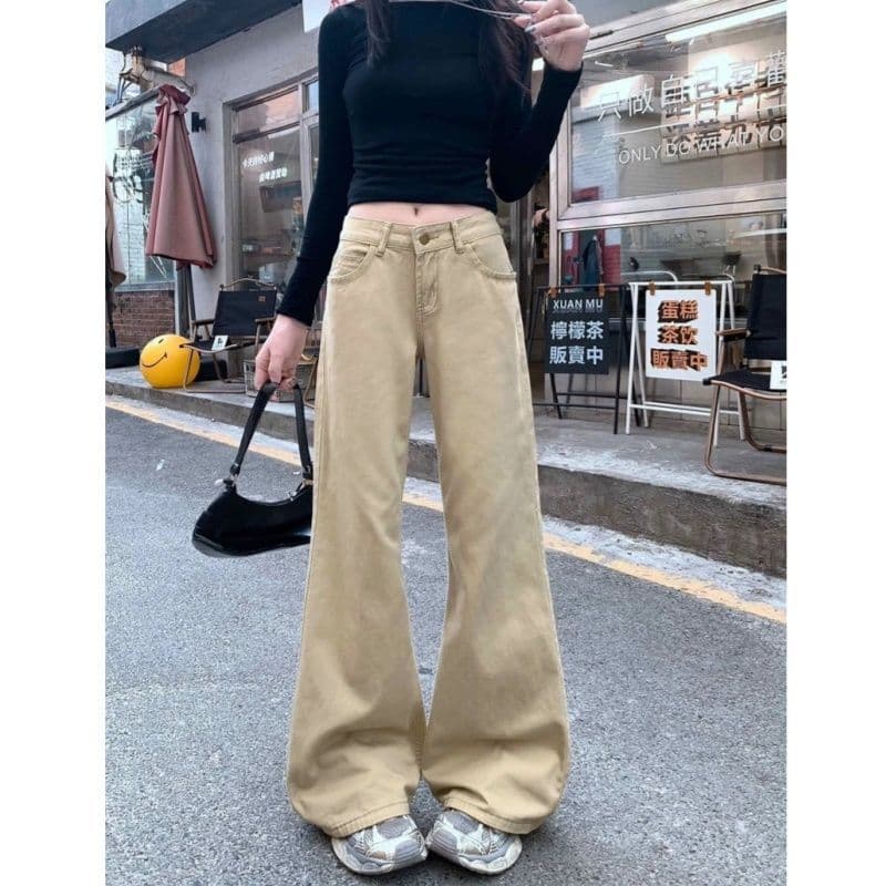 카키 색 레트로 부츠컷 아니요 막대기 청바지 새로운 가을 루즈핏 슬림해 보이는 아메리칸 로우 웨이스트 바닥 청소 호스 슈 긴 바지