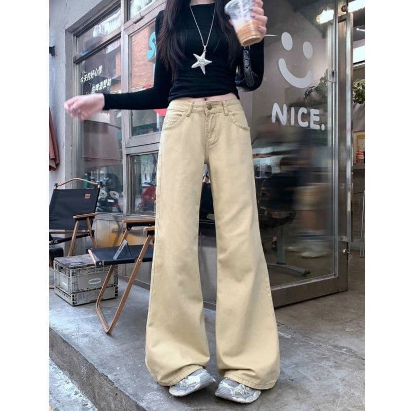 카키 색 레트로 부츠컷 아니요 막대기 청바지 새로운 가을 루즈핏 슬림해 보이는 아메리칸 로우 웨이스트 바닥 청소 호스 슈 긴 바지 이미지 2