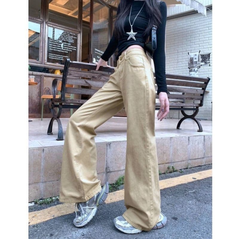 카키 색 레트로 부츠컷 아니요 막대기 청바지 새로운 가을 루즈핏 슬림해 보이는 아메리칸 로우 웨이스트 바닥 청소 호스 슈 긴 바지 이미지 4