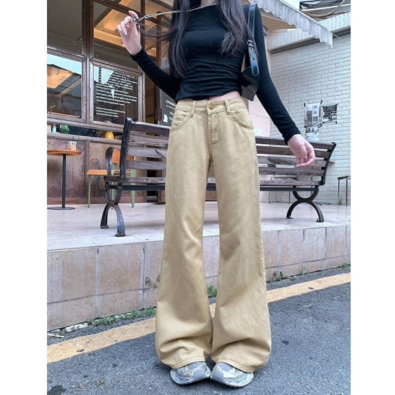 카키 색 레트로 부츠컷 아니요 막대기 청바지 새로운 가을 루즈핏 슬림해 보이는 아메리칸 로우 웨이스트 바닥 청소 호스 슈 긴 바지 상세 이미지 4