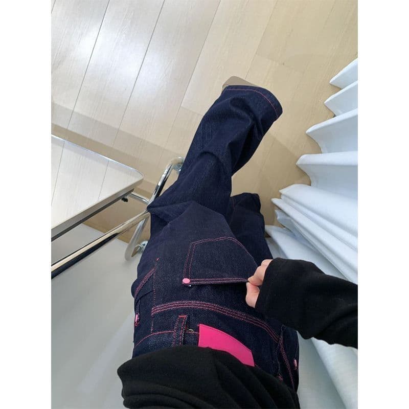 아메리칸 레트로 진한 파란색 루즈핏 스트레이트 넓은 다리 청바지 여성 얇은 스타일 다용도 슬림해 보이는 로우 웨이스트 바닥 청소 긴 바지 트렌디 이미지 5