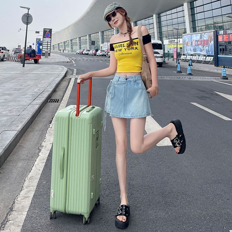 개성 ins 트렌디 페이크 레이어드 한 마디 데님 짧은 치마바지 여성 봄 여름 새로운 작은 대중 레이스업 하이웨이스트 데님 치마바지 상세 이미지 2